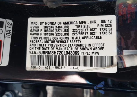 2012 Honda Cr-V Ex-L z USA, uszkodzony, nr VIN 5J6RM3H72CL043069